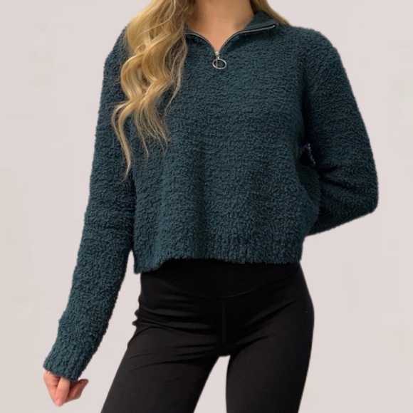 Kendall & Kylie Green Fuzzy Quarter-zip Pullover Sweater Size Small - Picture 2 of 11